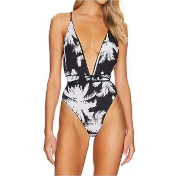 MAAJI Safari Reversible One Piece Swimsuit Womens Sz Small Black Palm Print NWT - Picture 2 of 16